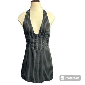 Princess Polly Hickson Mini Dress Black Pinstripe Halter Neck US 4 / AU 8
